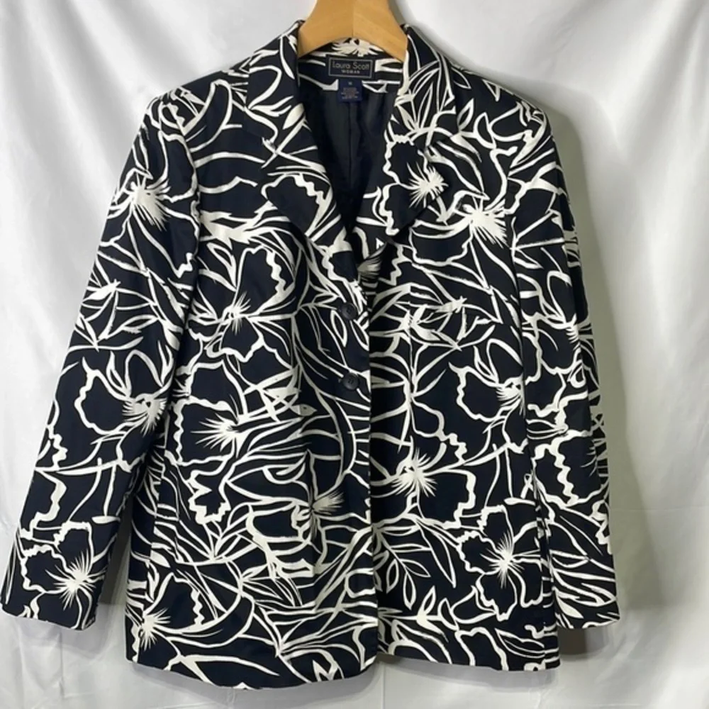 Laura Scott cotton stretch, black and white print blazer